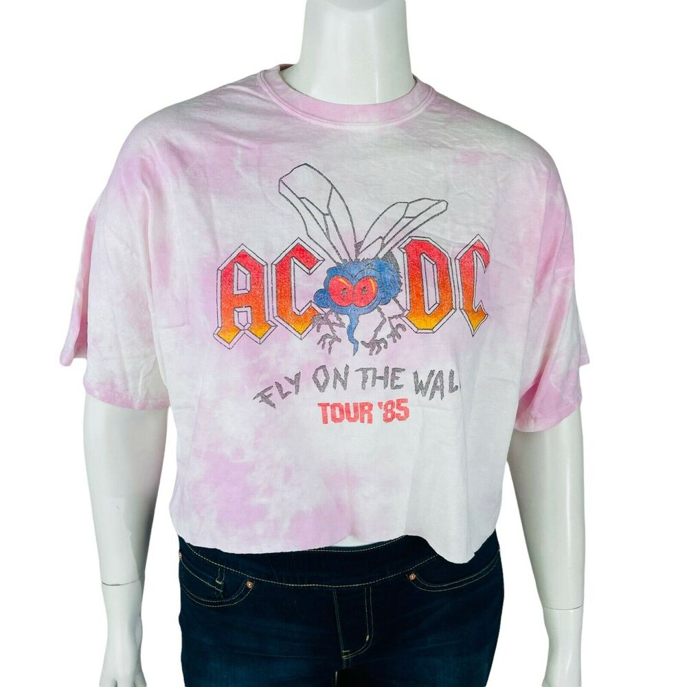 New Goodie Two Sleeves Womans Sz XL Shirt ACDC Tie Dye Pink Fly on the Wall Crop